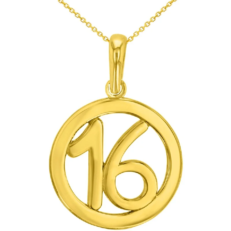 women custom engraved gold necklaces -Solid 14K Yellow Gold Round Number Sixteen Charm Pendant Necklace