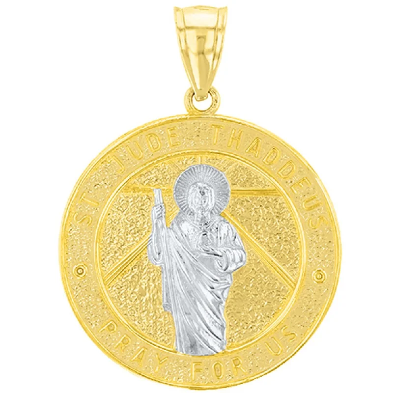 women pearl pendant necklaces -Solid 14K Yellow Gold St. Jude Thaddeus Pray For Us Medallion with Praying Hands Pendant