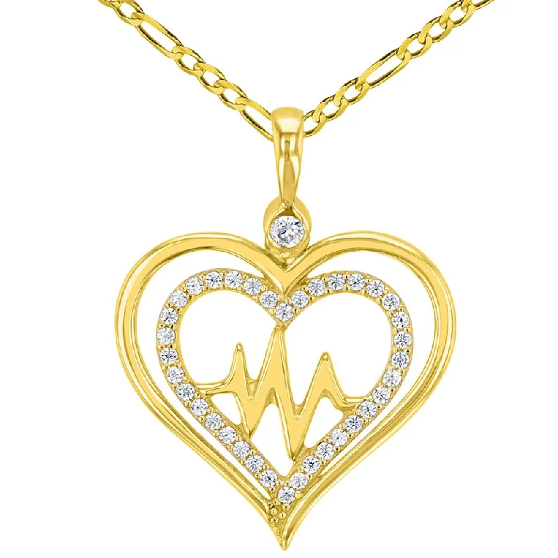 women modern necklaces -Solid 14K Yellow Gold CZ Double Heart Heartbeat Pendant with Figaro Necklace