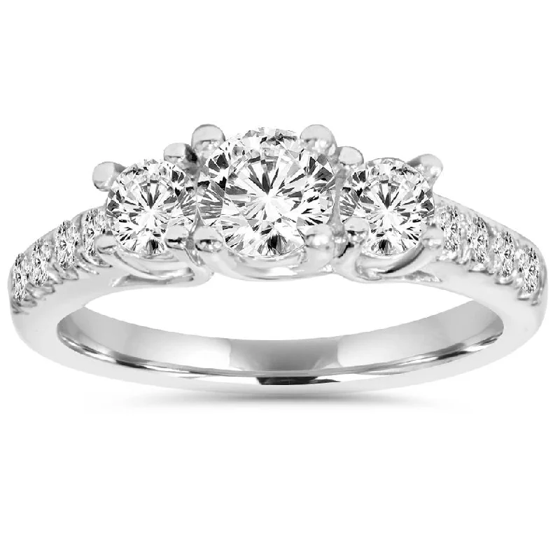 women stackable engagement rings -1 1/6ct 3 Stone Genuine Diamond Engagement Ring 14K White Gold