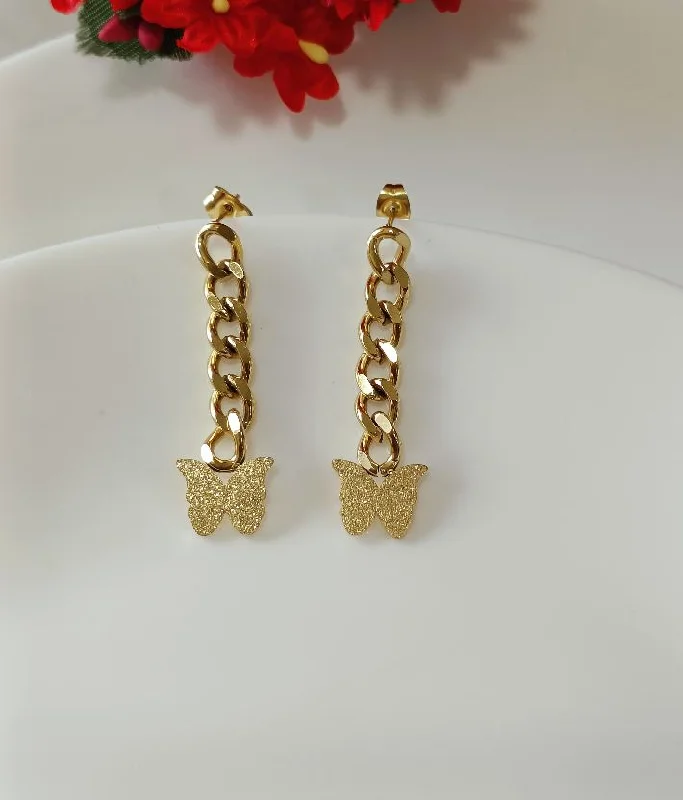 women elegant earrings -Tarohi Jewels Stainless Steel Gold Plated Chain Butterfly Earring-STNER 2558