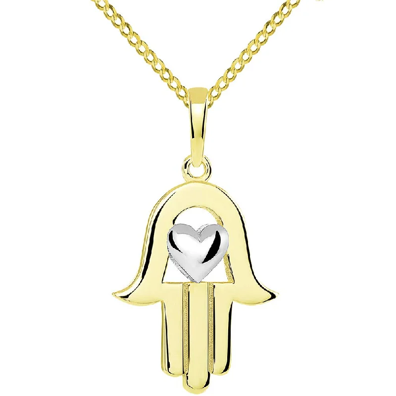 women teardrop necklaces -14k Yellow Gold Two-Tone Hamsa Hand of Fatima with Heart Pendant Cuban Necklace