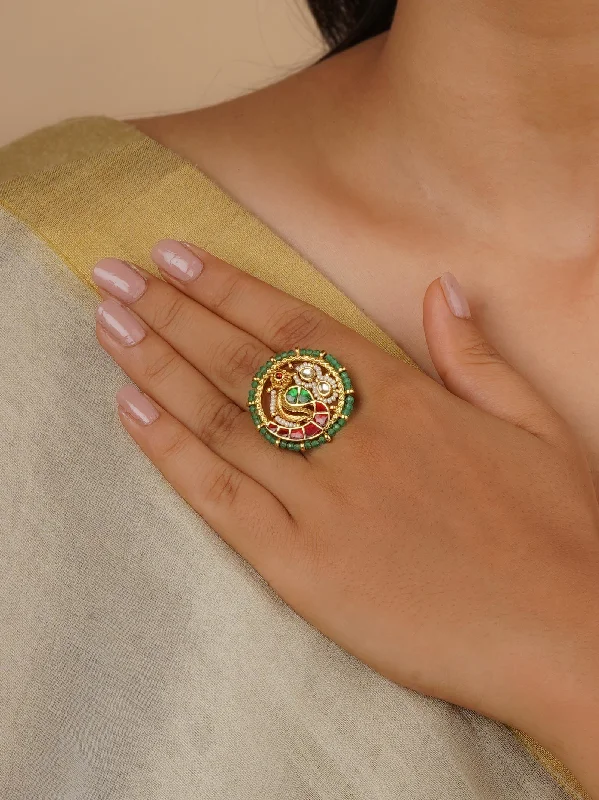 women custom rings -Multicolor Gold Plated Jadau Kundan Ring - MRNG168M