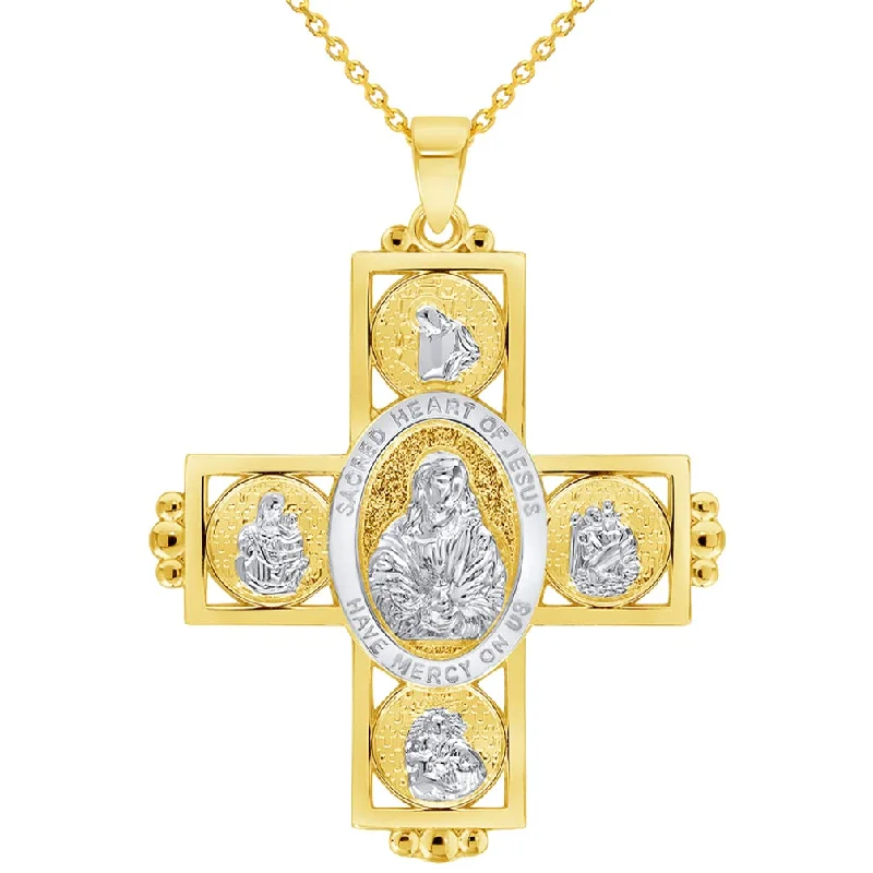 women designer necklaces -14k Yellow Gold Sacred Heart of Jesus Four Way Cross Miraculous Pendant with Cable, Curb, or Figaro Chain Necklaces