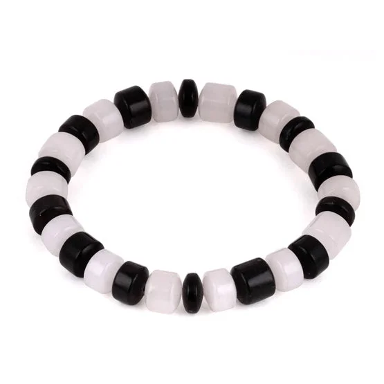 women engraved bangle sets -8mm Plain Drums Black Jasper/Snow Quartz Gem Stone Bracelet