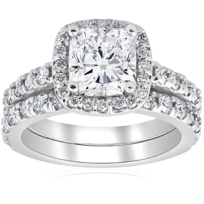 women custom diamond engagement rings -3 Ct Cushion Halo Diamond Engagement Wedding Ring Set 14k White Gold