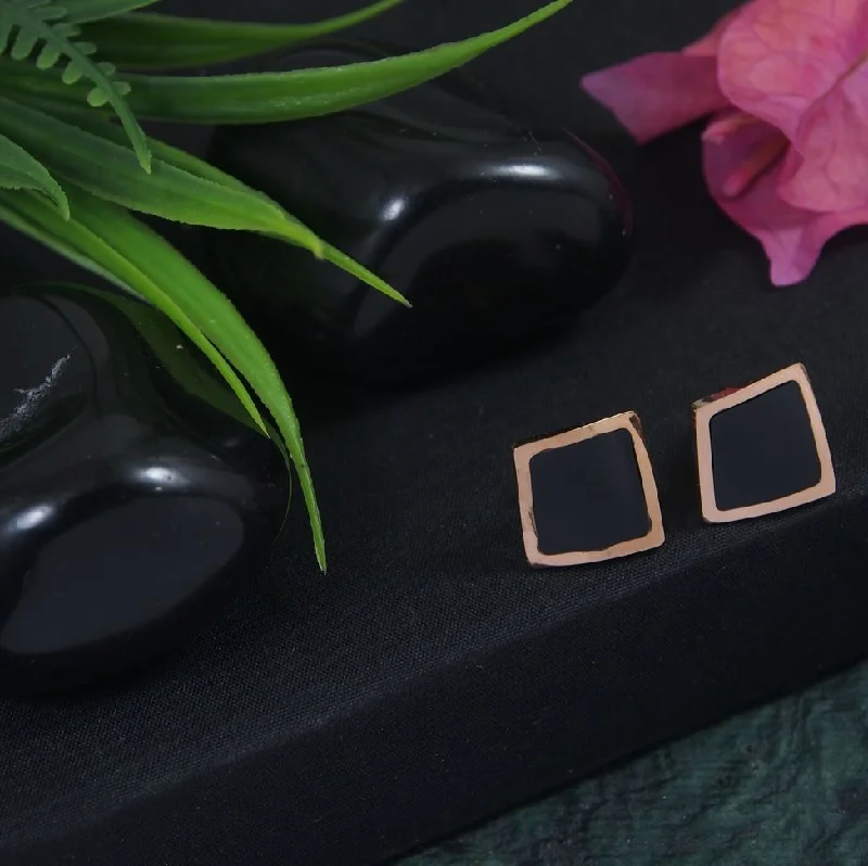 women gold dangle earrings -Tarohi Jewels Stainless Steel Rosegold Plated Black Square Shaped Stud Earring-STNER 2860