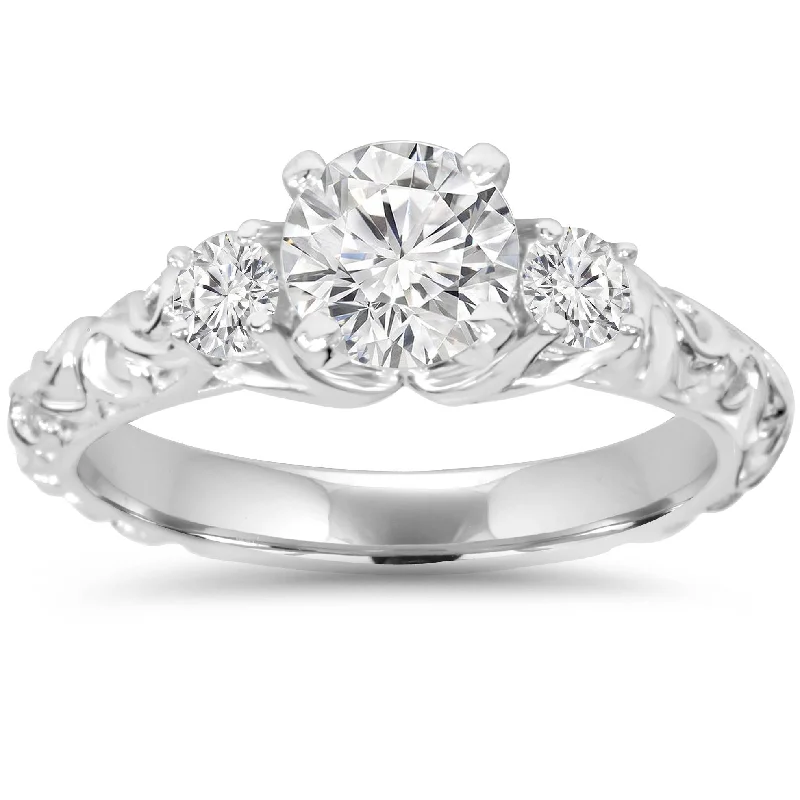 women unique engagement rings -1 1/3Ct Vintage 3-Stone (1Ct Center) Enhanced Diamond Engagement Ring White Gold