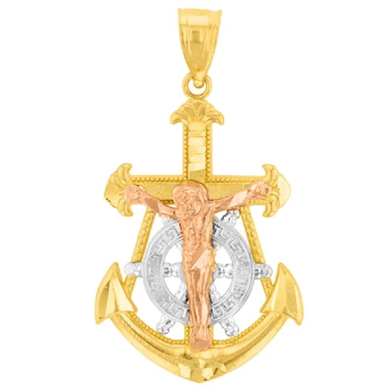 women turquoise necklaces -Solid 14K Tri-Color Gold Fleur de Lis Anchor with Mariner's Cross Jesus Crucifix Pendant