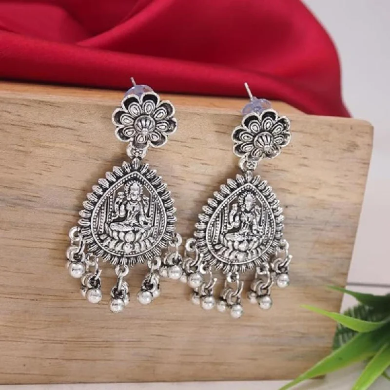 women trendy earrings -Etnico Navratri Ethnic Silver Oxidised Afghani Style Floral Design Temple Earrings For Women (E3224OX)