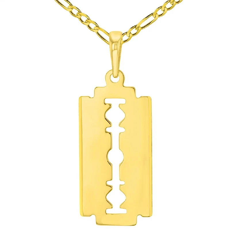 women artistic necklaces -Solid 14K Yellow Gold Sharp Edged Razor Blade Pendant with Figaro Chain Necklace