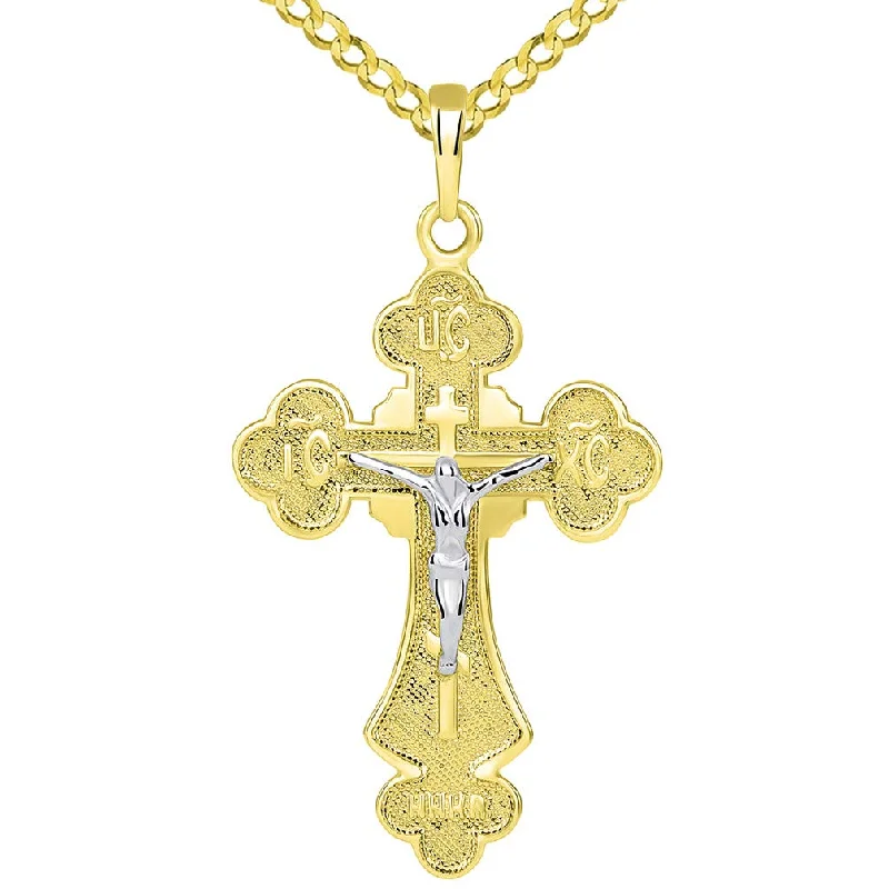 women adjustable necklaces -14k Two Tone Gold Botonnee St. Olga Orthodox Cross IC XC NIKA Crucifix Pendant with Cuban Necklace