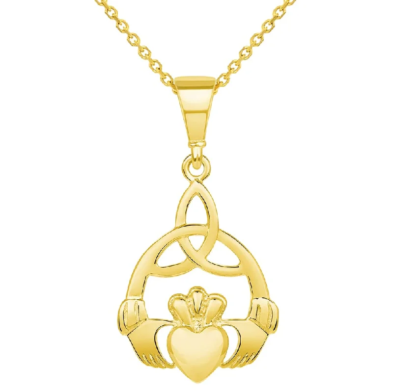 women infinity necklaces -14k Yellow Gold Trinity Celtic Knot Irish Claddagh Hands Holding Heart Pendant Necklace