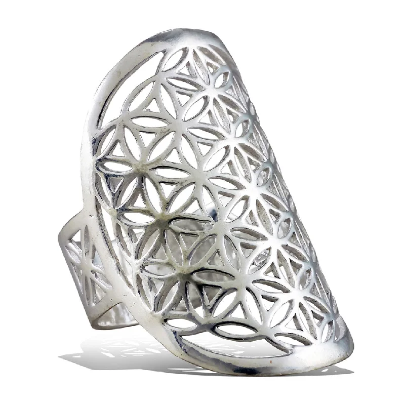 women cocktail rings -<span>RAS-012<span>: </span></span>Flower of Life Oval Ring - Silver