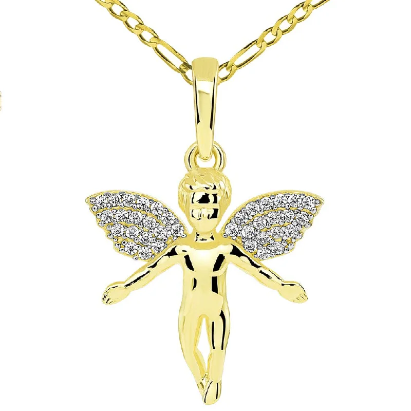 women teardrop necklaces -14k Yellow Gold Flying Guardian Angel with Micro Pave CZ Wings Pendant Figaro Chain Necklace