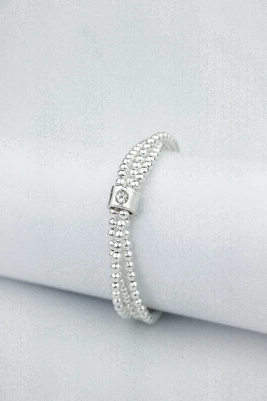 women cuff bangles -925 Sterling Silver Floating White CZ Bracelet, (3 x 3mm Bracelets) held together w/ White CZ Floating Bead, Silver Stretch Bracelet