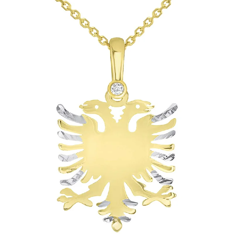 women statement necklaces -Solid 14k Yellow Gold Cubic-Zirconia Double-Headed Eagle National Symbol of Albania Pendant Necklace Available with Cable, Curb, or Figaro Chain