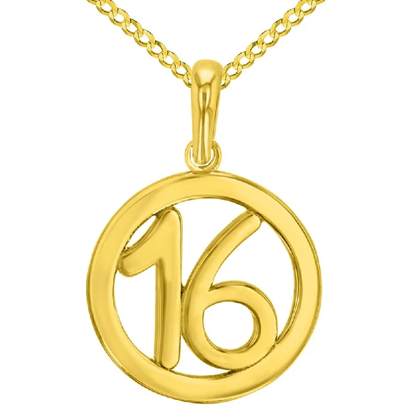 women designer necklaces -Solid 14K Yellow Gold Round Number Sixteen Charm Pendant with Cuban Chain Necklace