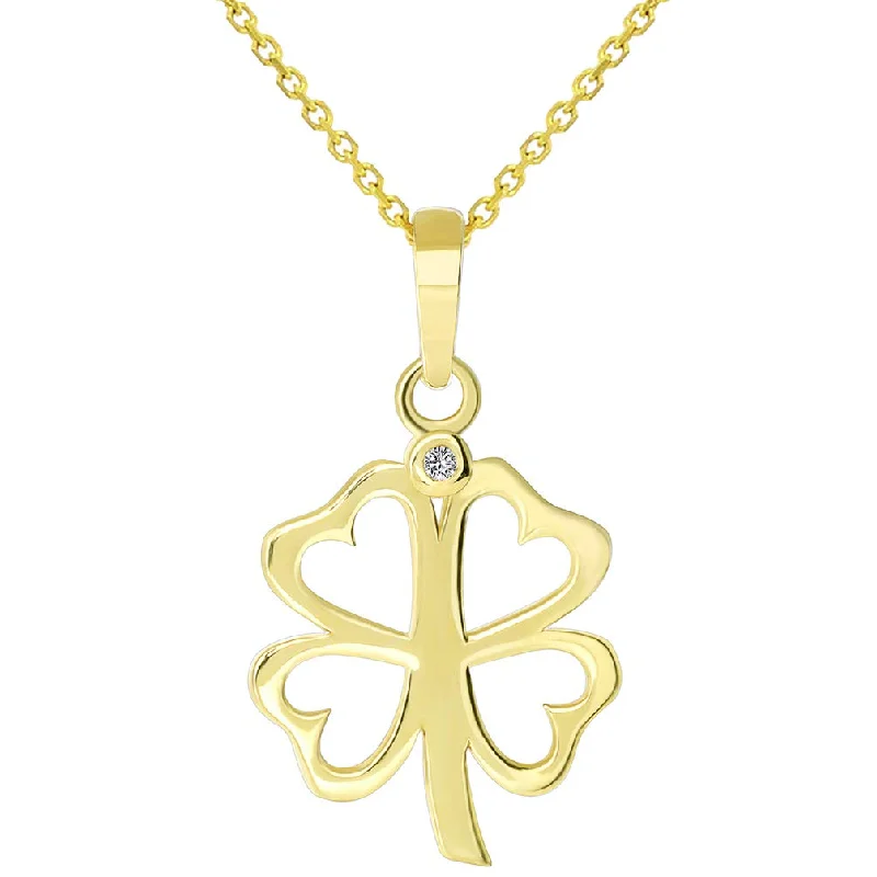 women trendy gold necklaces -Solid 14k Yellow Gold CZ Four Leaf Clover with Open Heart Design Charm Pendant Necklace