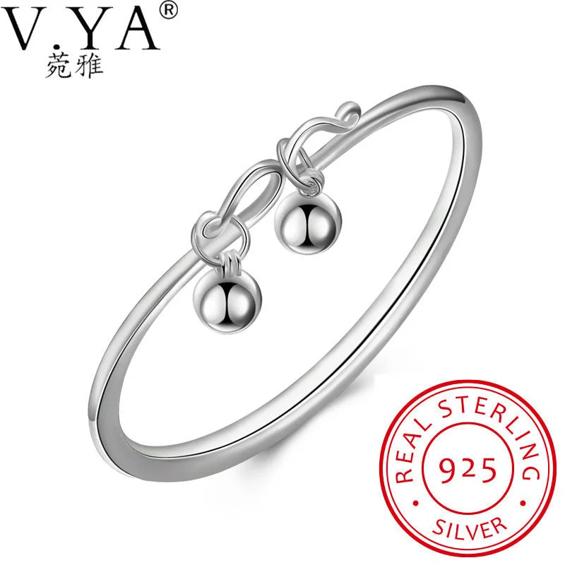 women friendship bracelets -V.Ya Pure 925 Sterling Silver Bracelet for Women Fine Double Balls Charm