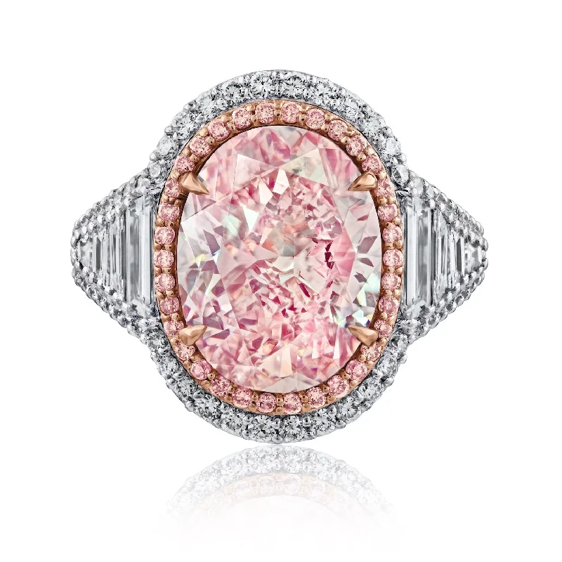 women wedding ring sets -Fancy Pink Oval Cut Diamond Ring with Tapered Baguettes, 5 CT