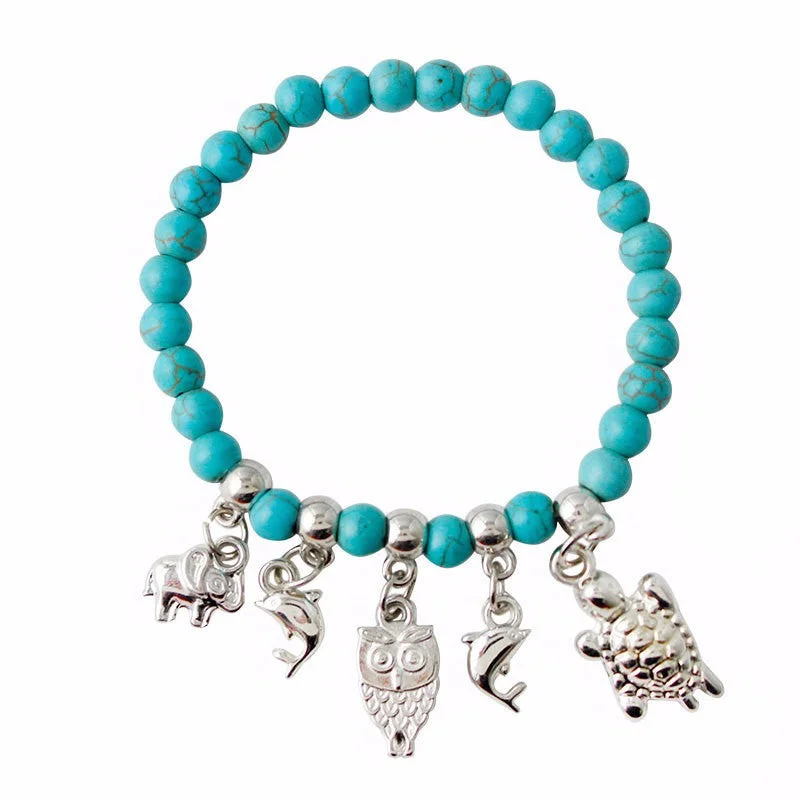 women floral bracelets -Natural Beads Charm Elephant Owl Tortoise Dolphin Bracelet