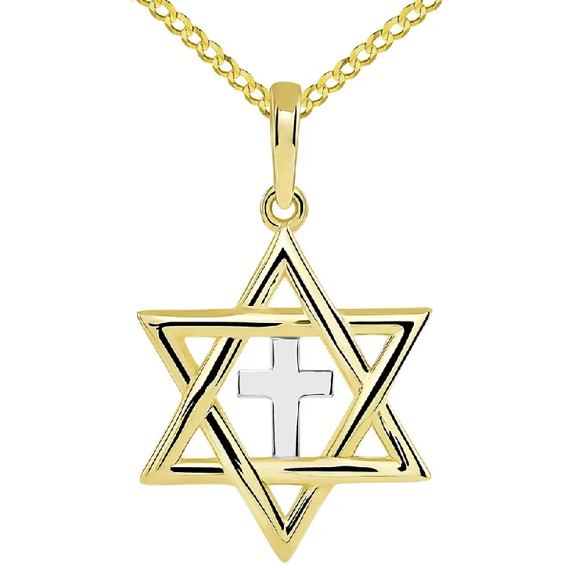 women minimalist necklaces -14k Yellow Gold Jewish Star of David with Religious Cross Judeo Christian Pendant Cuban Necklace