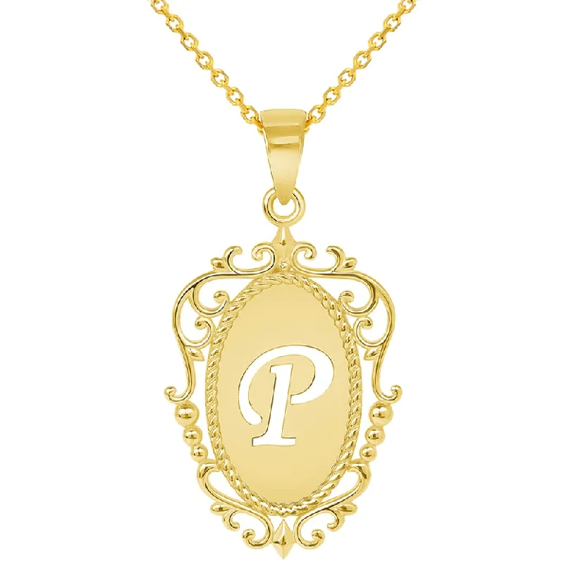 women halo necklaces -14k Yellow Gold Elegant Filigree Oval Uppercase Initial P Script Letter Plate Pendant with Cable, Curb, or Figaro Chain Necklaces