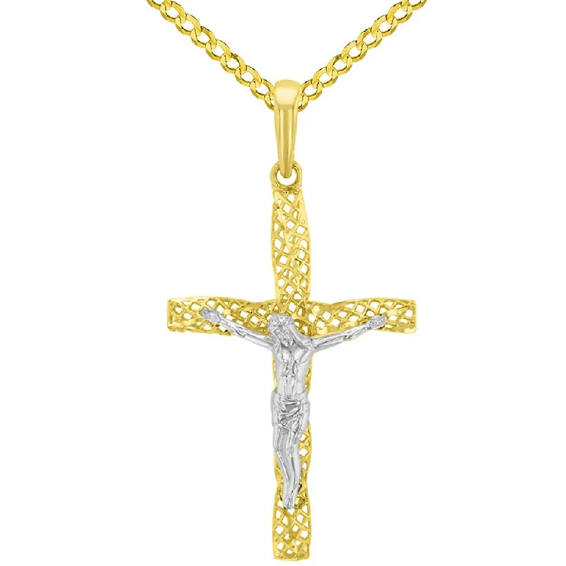 women round pendant necklaces -14K Two-Tone Gold Textured Spiral Tube Cross Crucifix Pendant with Cuban Chain Necklace