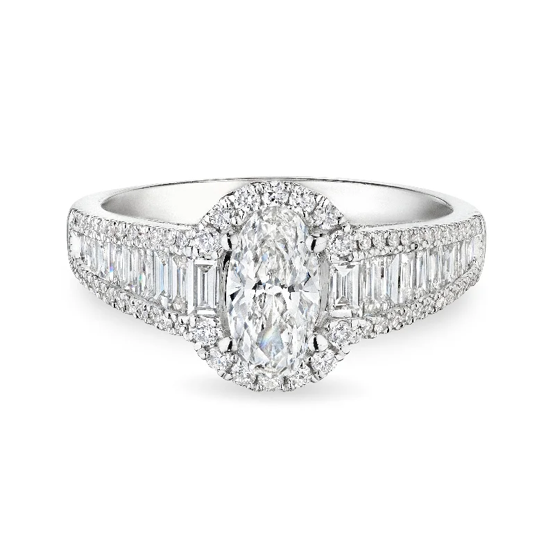 women emerald cut rings -'Anne' Oval Cut Diamond Ring with Baguette and Round Diamonds