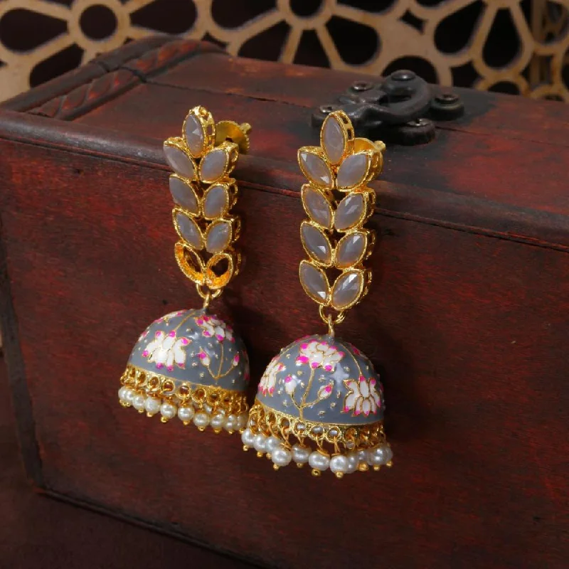 women eco-friendly earrings -Etnico Gold Plated Meenakari Leaf Shaped Pearl Drop Jhumka Earrings For Women (E2922Gr)