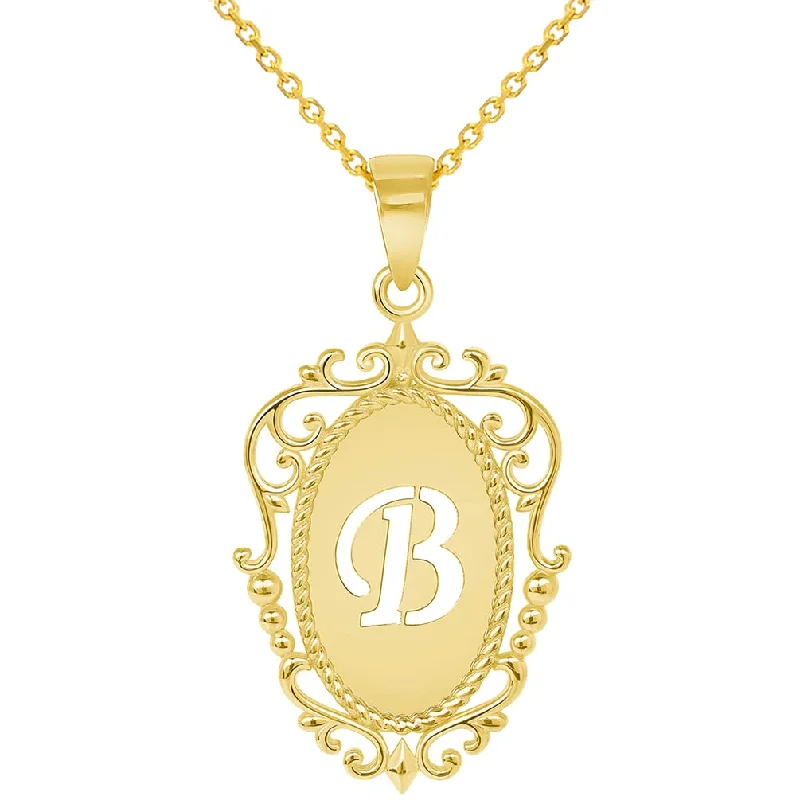 women boho necklaces -14k Yellow Gold Elegant Filigree Oval Uppercase Initial B Script Letter Plate Pendant with Cable, Curb, or Figaro Chain Necklaces