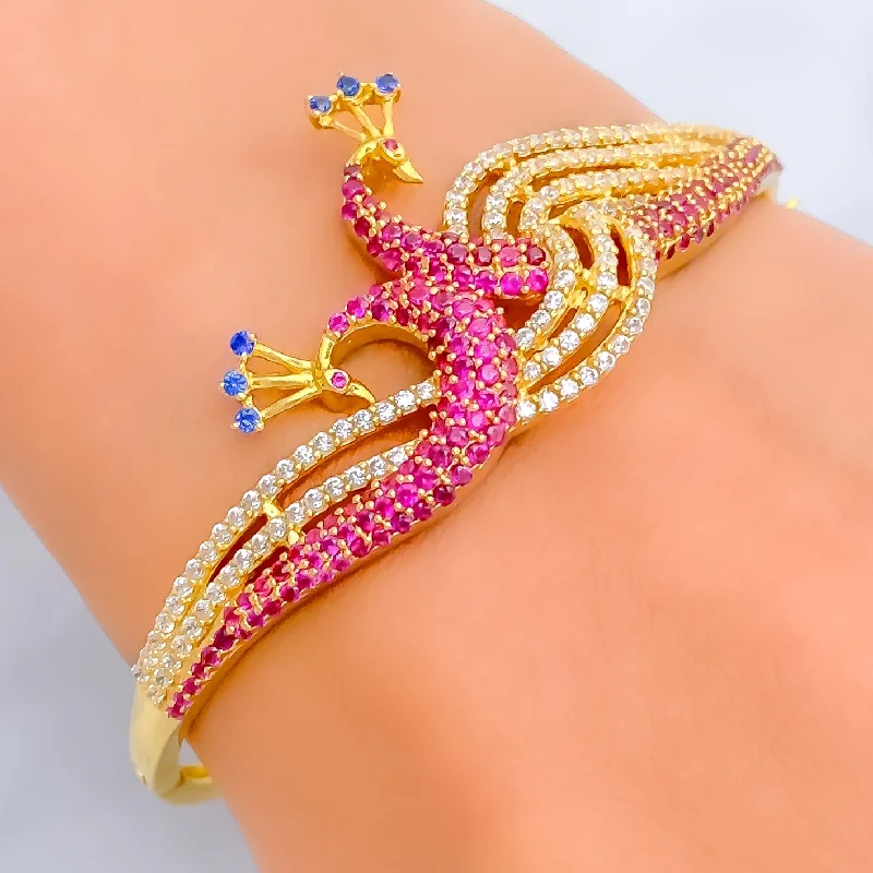 women rose gold bangles -Regal Striped 22k Gold CZ Peacock Bangle Bracelet