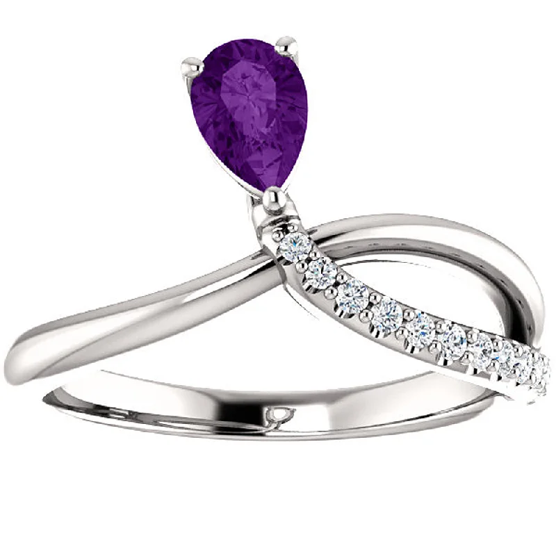 women diamond ring engagement sets -1/2 Ct Amethyst Pear Shape Unique Diamond Ring 14k White Gold