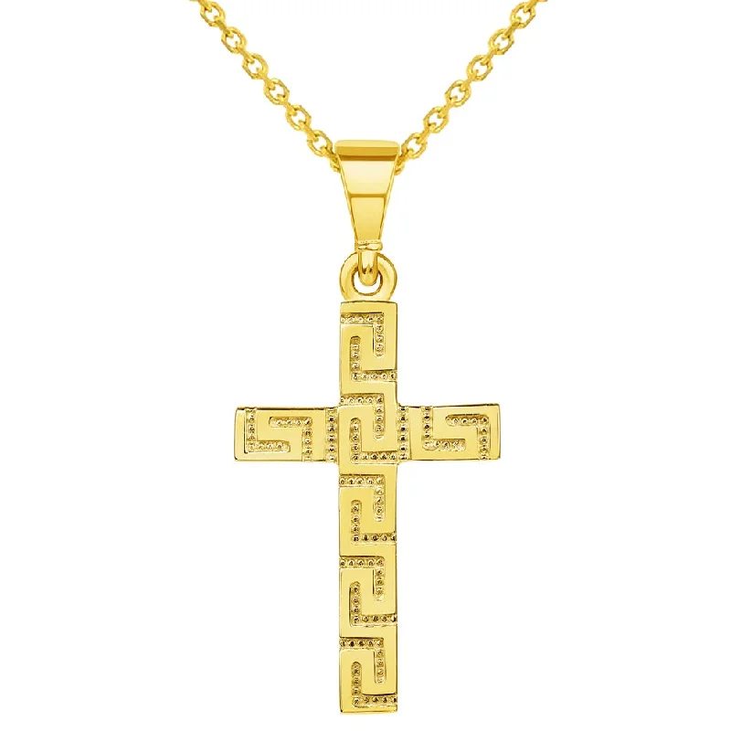 women gold chain necklaces -14k Yellow Gold Greek Key Religious Latin Cross Pendant Necklace (Reversible)