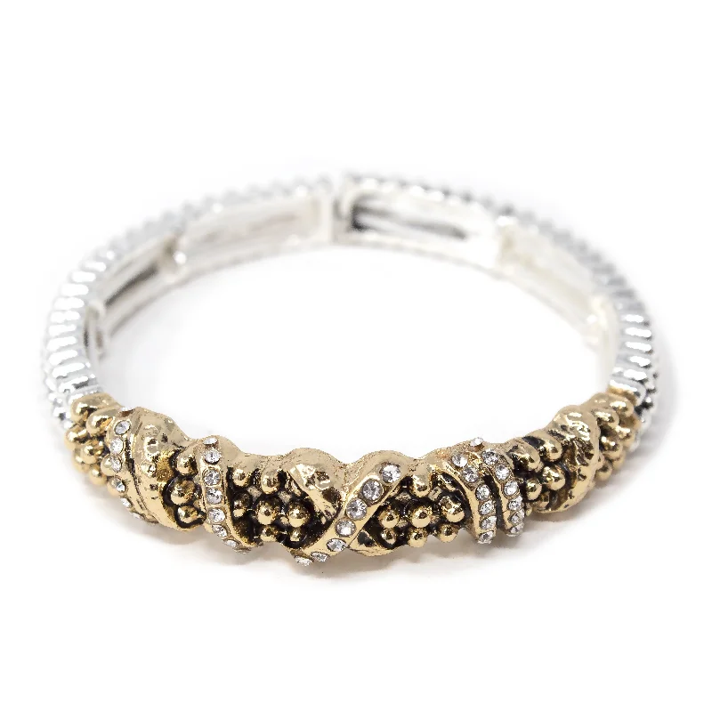 women silver bangles sets -Two Tone Dotted Stretch Bracelet Gold Toned Crystal Station