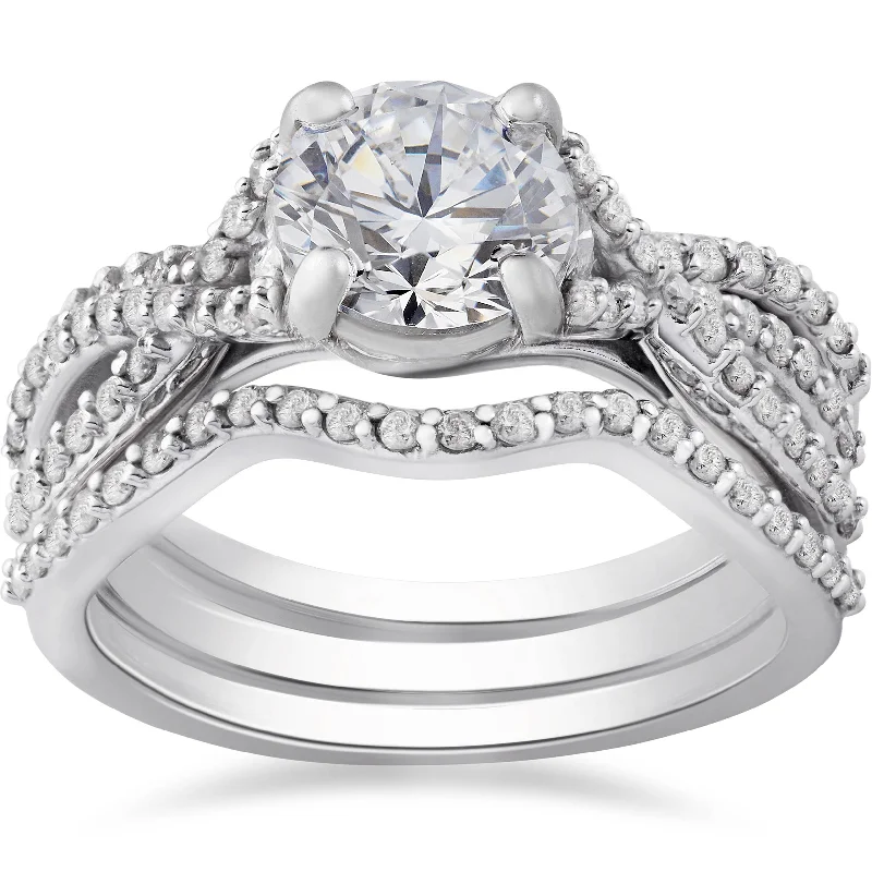 women custom engagement rings -1 3/4ct Twist Diamond Engagement Ring & Matching Wedding Band Set 14K White Gold