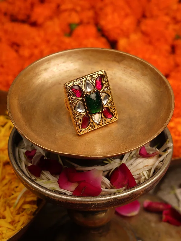 women men’s wedding rings -Multicolor Gold Plated Thappa Jadau Kundan Ring - TJ-R65M