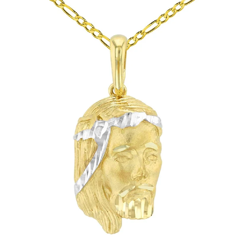 women monogram necklaces -14K Yellow Gold Textured Face of Jesus Christ Charm Pendant with Figaro Chain Necklace