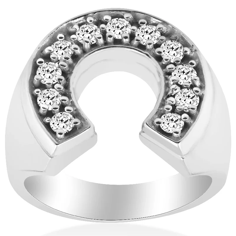 women black diamond engagement rings -3/4 Ct Men's Diamond Horseshoe Lucky Pinkie Ring 10k White Gold Fashion