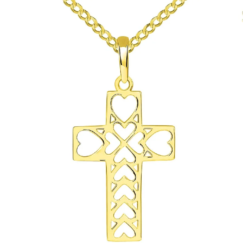 women emerald necklaces -14k Yellow Gold Open Heart Christian Cross Pendant with Cuban Necklace