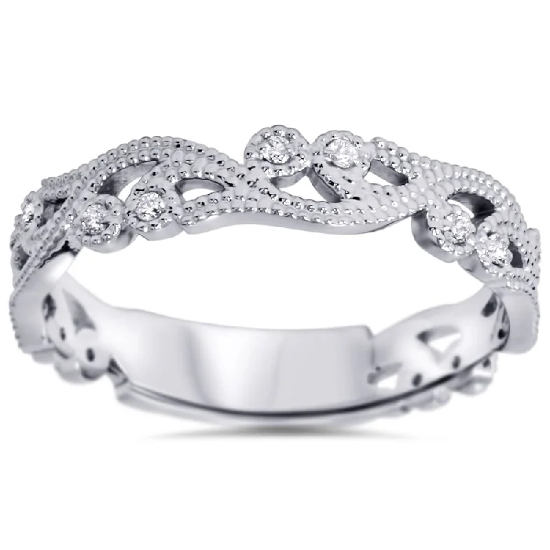 women princess diamond engagement rings -1/6ct Vintage Scroll Stackable Diamond Ring 14K White Gold