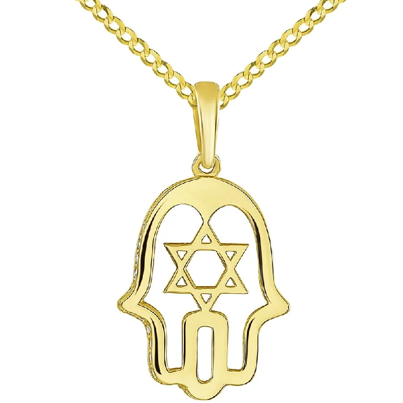 women layered necklaces -14K Yellow Gold CZ Hamsa Hand of God with Star of David Pendant with Cuban Chain Necklace