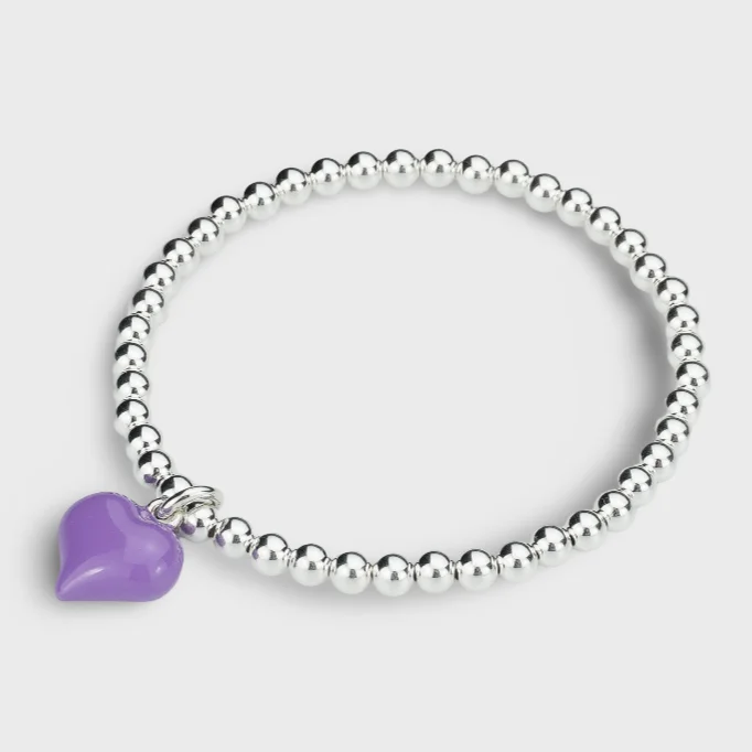 women silver bangles -925 Sterling Silver Purple Puff Heart Charm Bracelet, Purple Heart Charm Bracelet, Heart Charm Bracelet, Stacked Bracelets