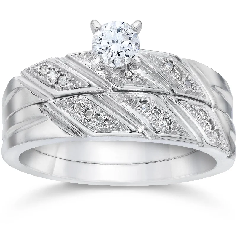 women art deco engagement rings -1/5ct Diamond Engagement Ring Matching Wedding Band Set 10K White Gold