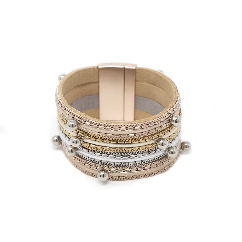 women pearl chain bracelets -4Row Chain and Bead Suede Bracelet Three Tone