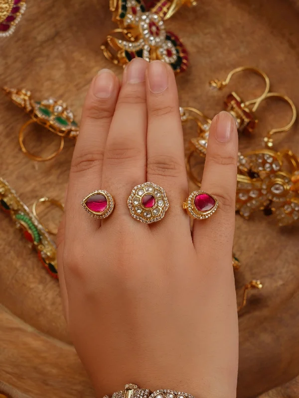 women thick band rings -Pink Color Gold Plated Jadau Kundan Ring - MRNG176