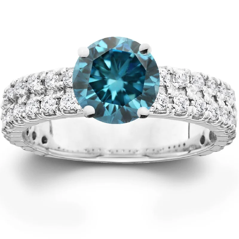 women unique cut engagement rings -3.40CT Blue & White Diamond Engagement Ring 14K White Gold