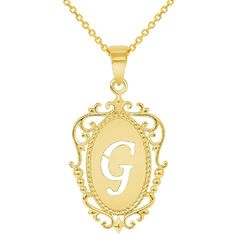 women unique charm necklaces -14k Yellow Gold Elegant Filigree Oval Uppercase Initial G Script Letter Plate Pendant with Cable, Curb, or Figaro Chain Necklaces