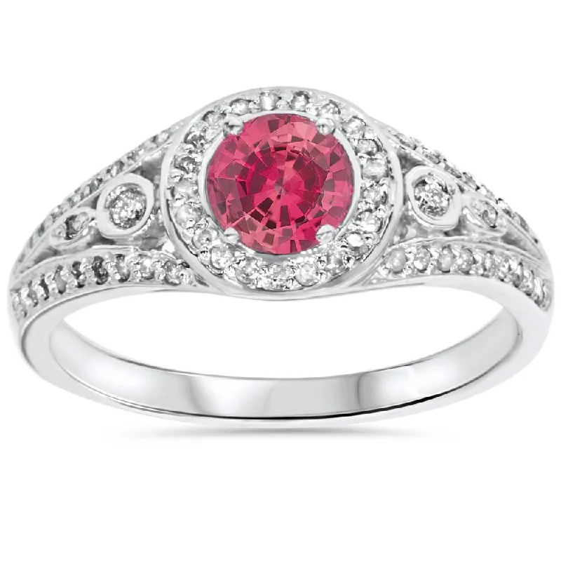 women wedding engagement rings -1ct Diamond & Synthetic Pink Tourmaline Vintage Ring 14K White Gold